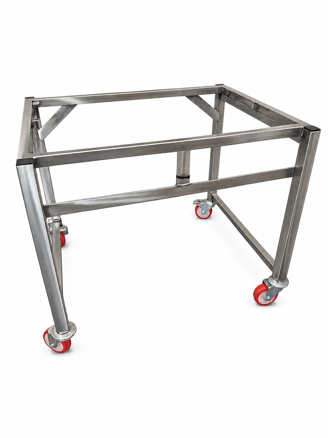 R-TEC fabricated mobile stand for RATIONAL iCombi Pro 10-grid — rear view showing welded steel construction and grease trap clearance beneath